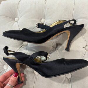 Vintage Italian Black Heel with Front Gems - Manolo Blahnik